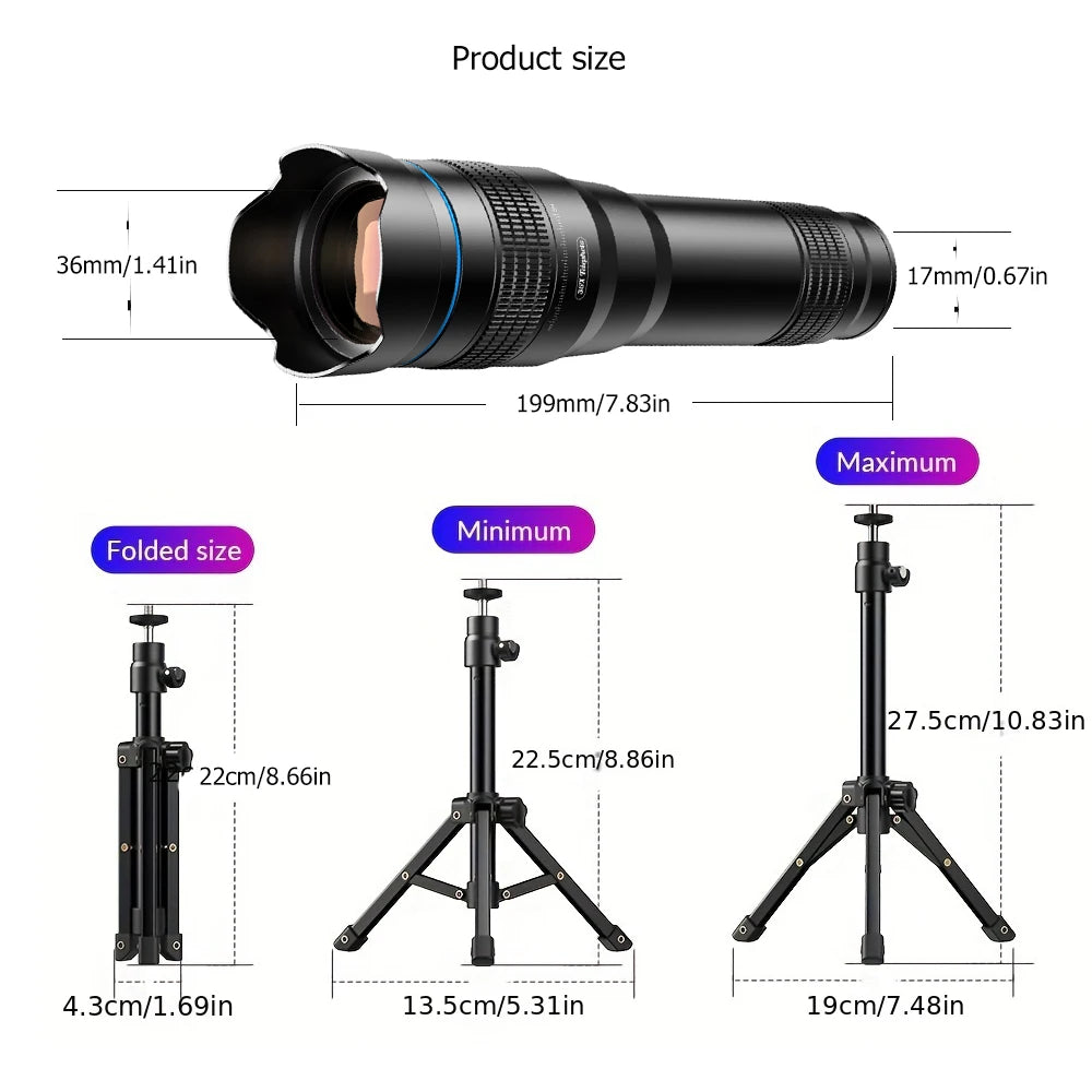 36X Smartphone Telephoto Lens with Tripod and Universal Clip