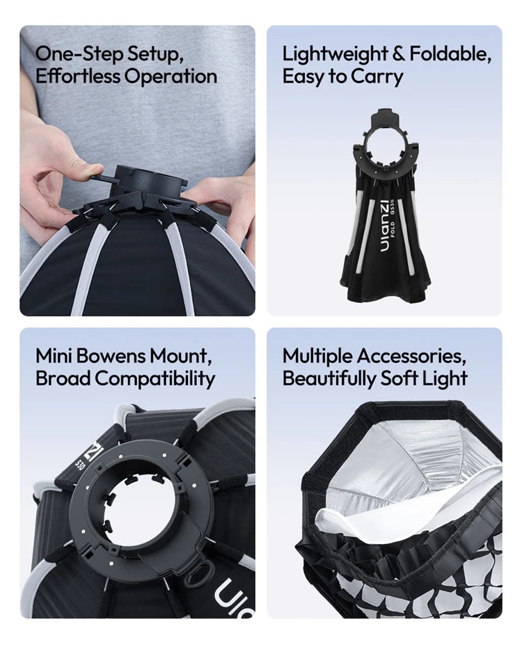FOLD 30cm Octagon Softbox with Grid – Mini Bowens COB Light Flash, Lightweight & Quick Release