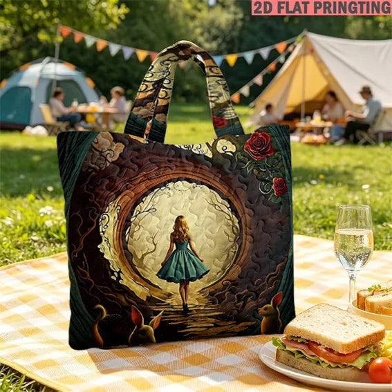 Alice Wonderland Rabbit Print Quilted Tote Bag Large Capacity Shoulder Handbag