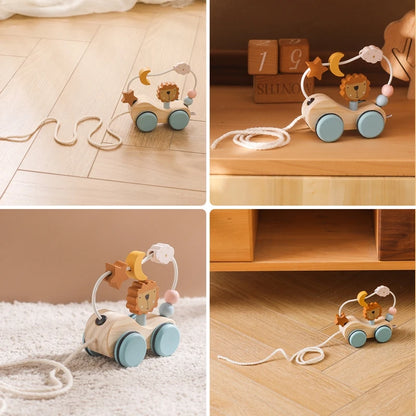 Wooden Baby Rope Trolley Puzzle Round Bead Brain Game Baby Wooden Children's Block BPA-free Organic Beech Animal Shape Baby Gift