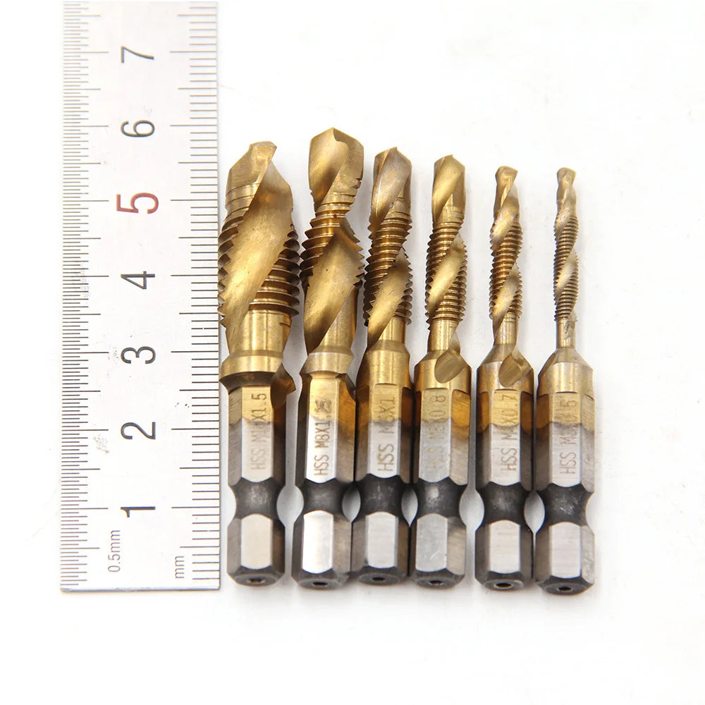 1pcs Hex Shank Titanium Plated HSS Screw Thread Metric Tap Drill Bits Screw Machine Compound Tap M3 M4 M5 M6 M8 M10 Hand Tools