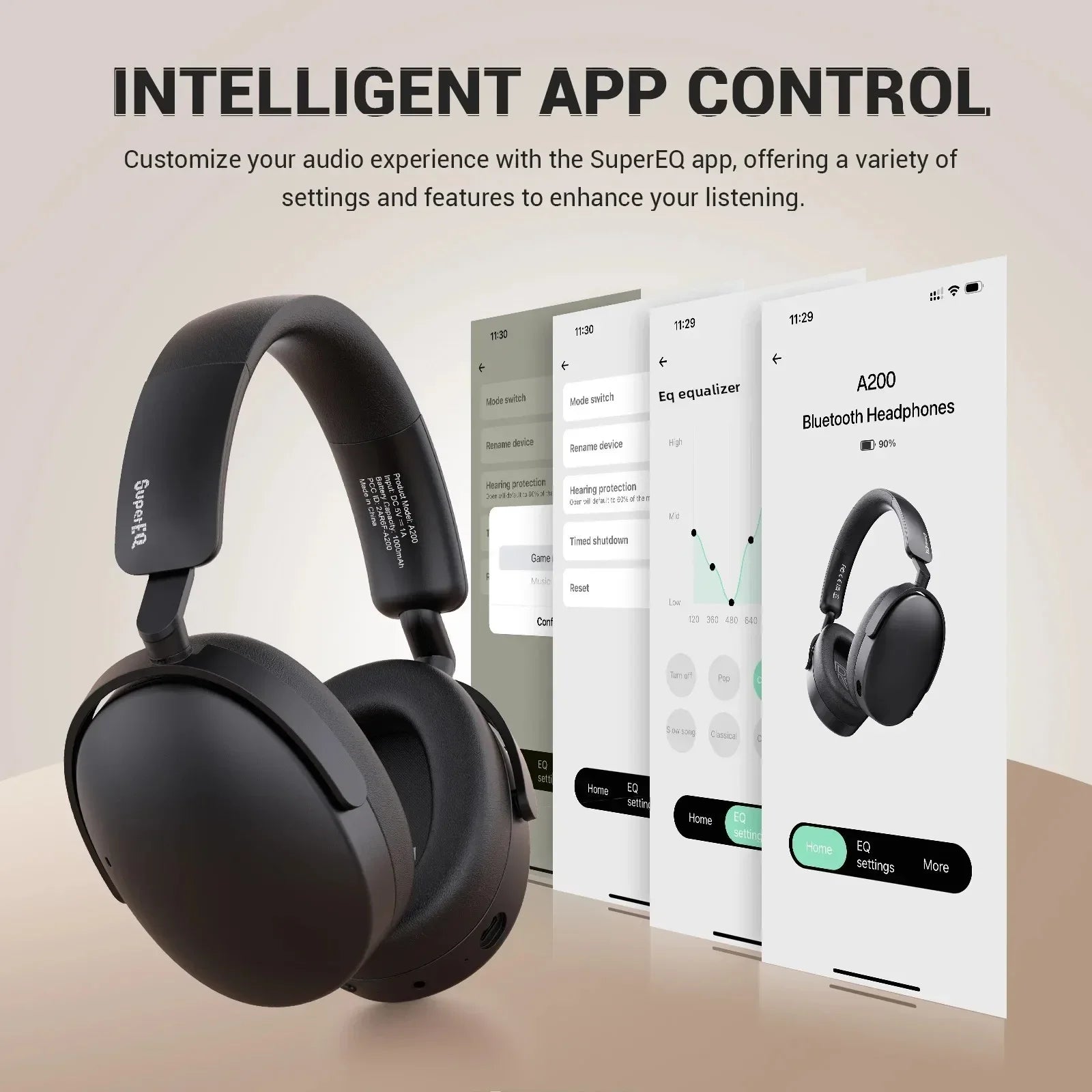 SuperEQ A200 ANC Wireless Bluetooth 5.4 Headphones Active Noise Canceling Over Ear Headset With ENC Mic Hi-Res Audio APP
