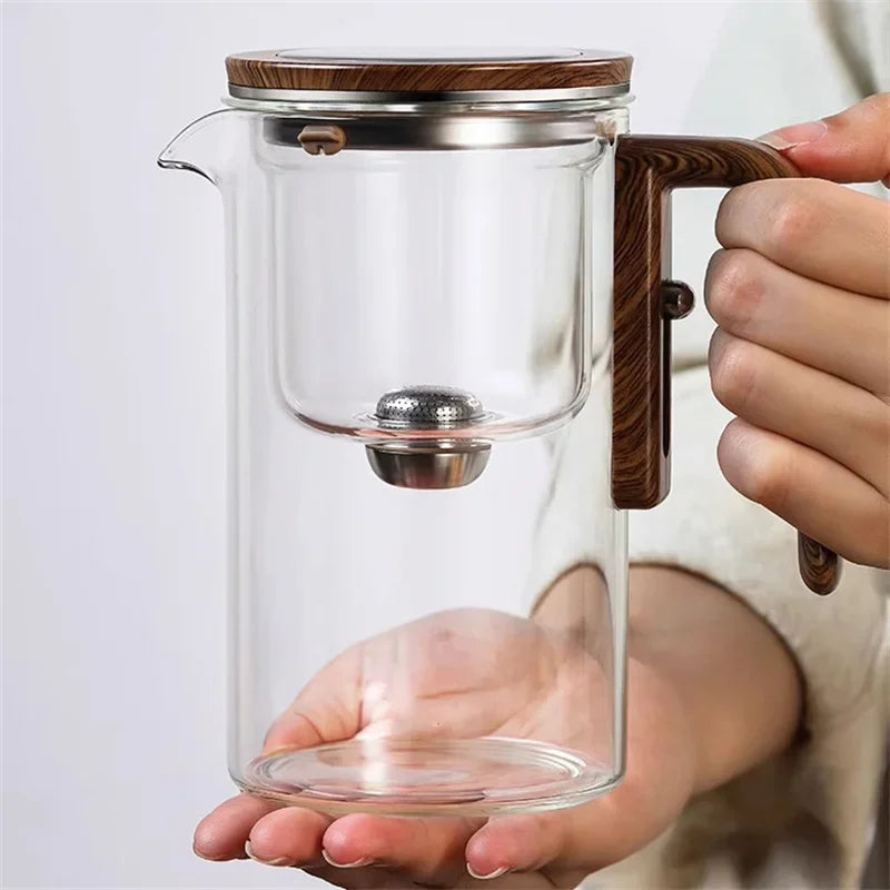 One Click  Switch Tea Separation Filtration Glass Tea Pot Wood Handle Tea Water Separation Inner Container Teapot