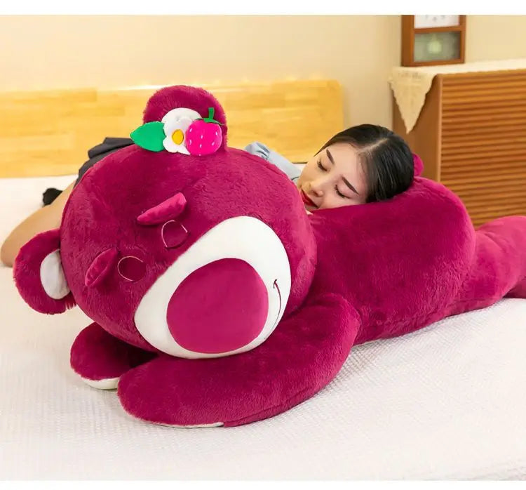 Kawaii Strawberry Bear Plush Stuffed Animal Lying Down Pillow