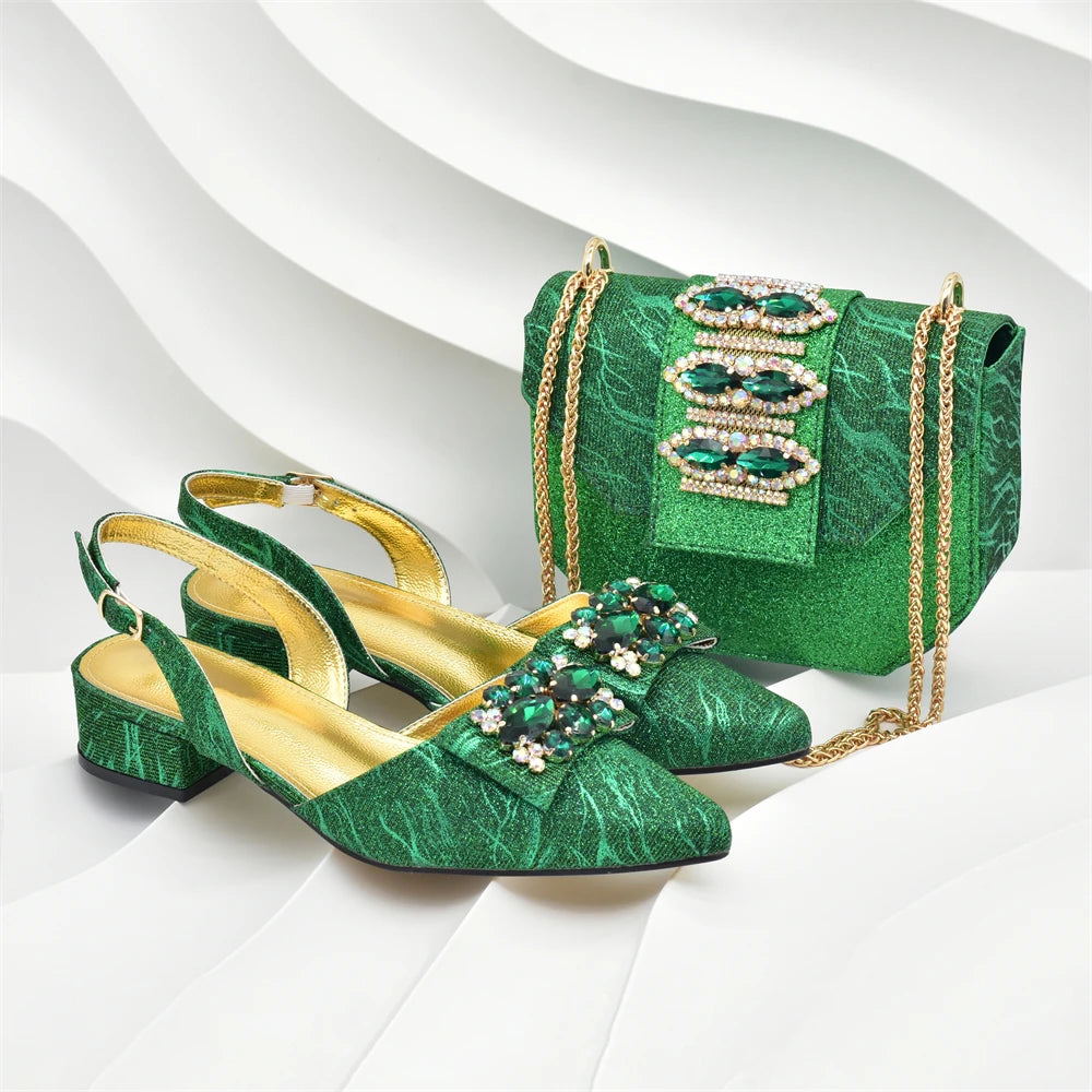 Women Shoes and Bags To Match Set Italy Lady Crystal Low Heels Pointed Toe Party Shoe and Bag African Women Ladies Wedding Pumps