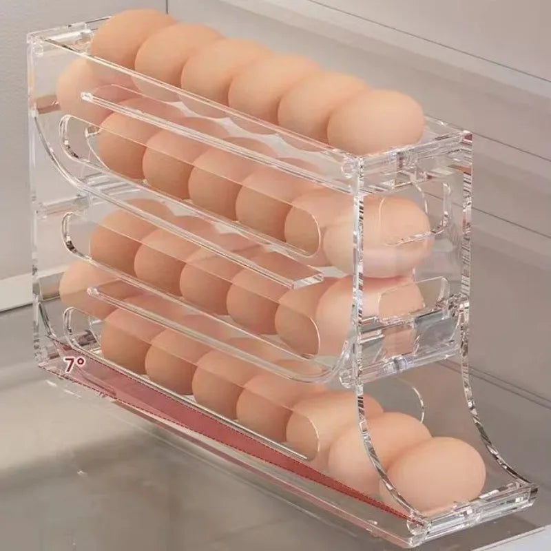 3/4-Layer Egg Storage Box – Automatic Rolling Slide Refrigerator Side Door Egg Rack Organizer