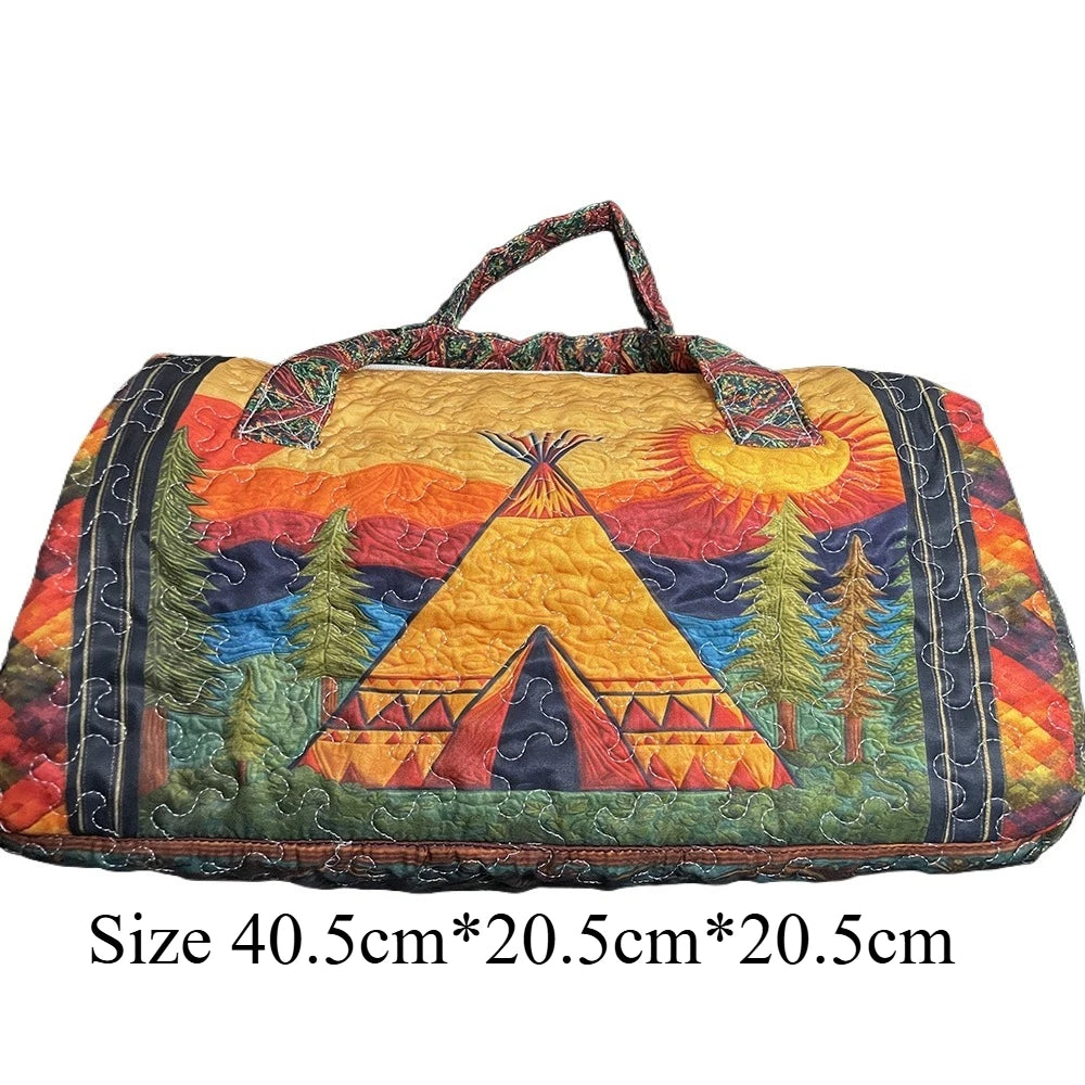 Handmade Quilted Travel Bag Vintage Artistic Camper Nature Duffle Bag Boho Weekender Tote for Men Women Camping Hiking Road Trip