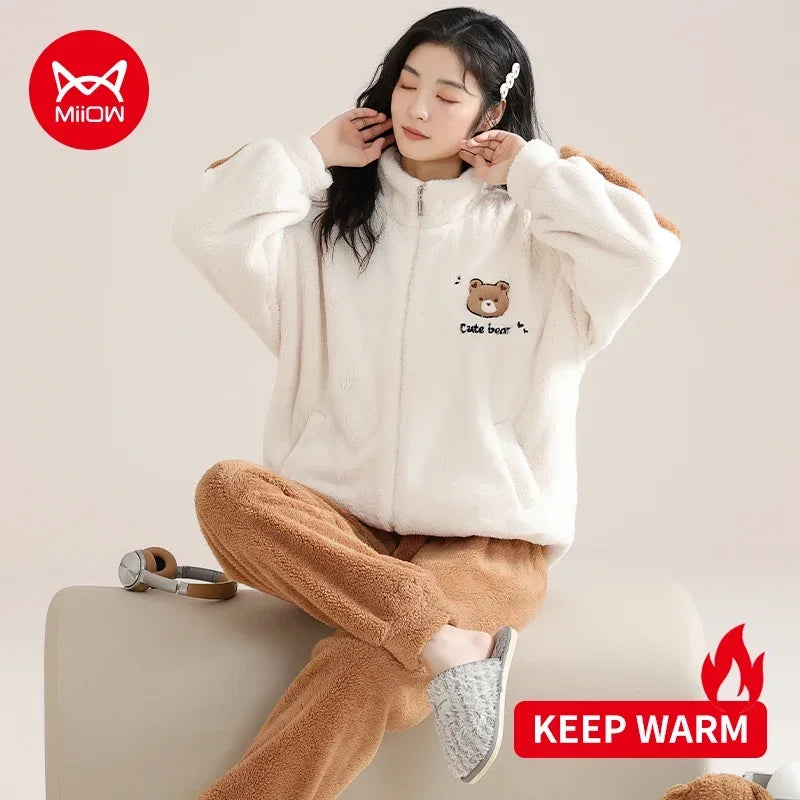 Women’s Christmas Fleece Pajama Set – Warm Flannel Zipper Sleepwear, Thick Coral Velvet