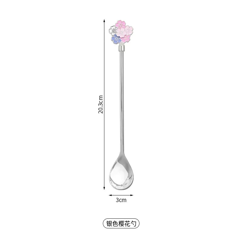 Colorful Cherry Spoons Long Handle Dessert Spoon 304 Stainless Steel Petal Teaspoons Catoon Blossom Star Fish Shape Home Decor