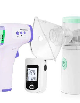 Medical Nebulizer Asthma Inhaler Handhe Inhalator Mini Silent Steam Nasal Humidifier + Finger Pulse Oximeter + Body Thermometer