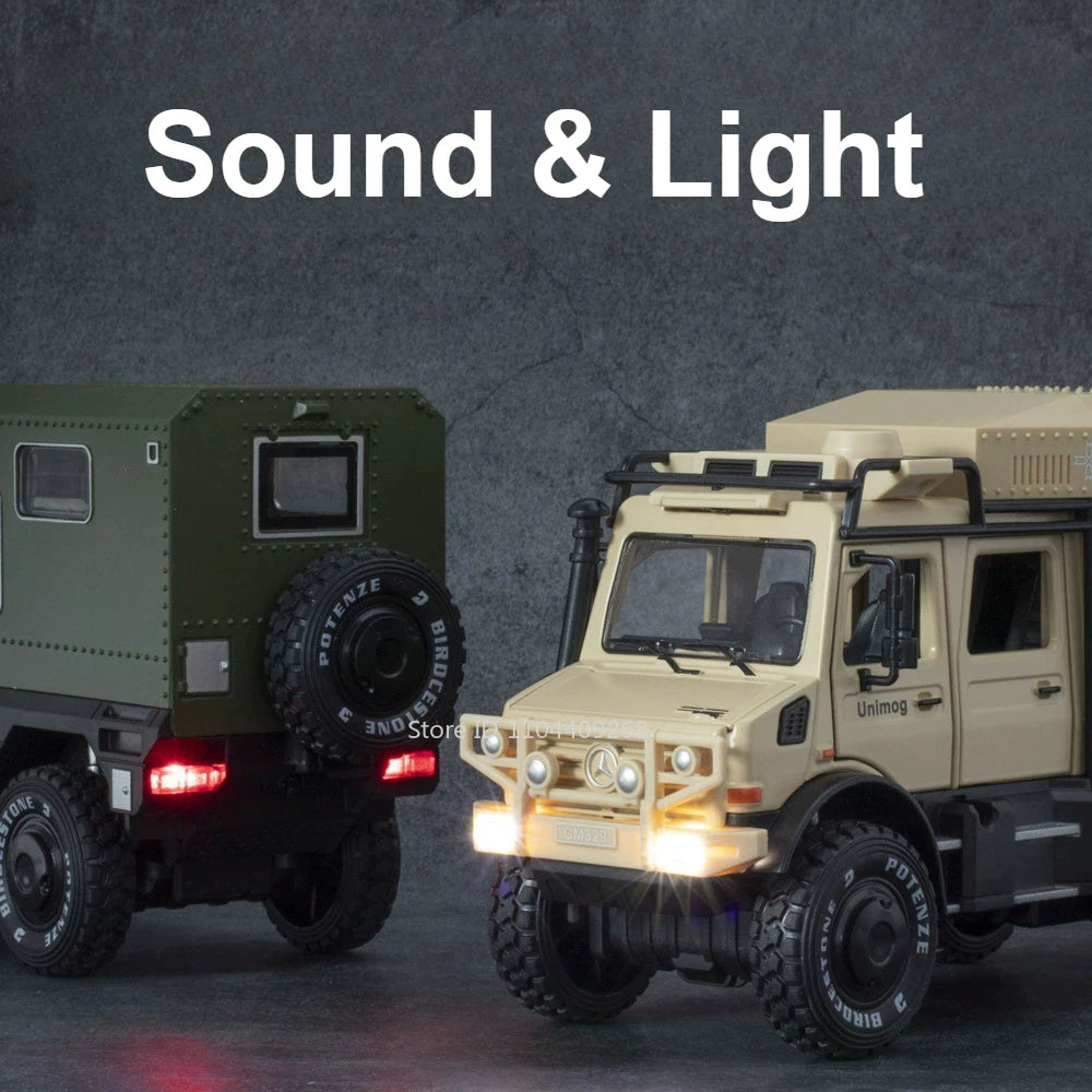 1:28 Scale Unimog U5000 Land Rover Defender Toy Car Model Rubber Tire Alloy Diecast Sound Light Off-Road Vehicle  Toy