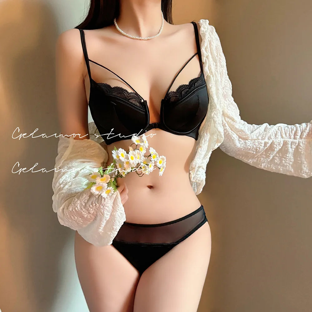 Womens French Lace Front Closure Push Up Bra and Brief Set