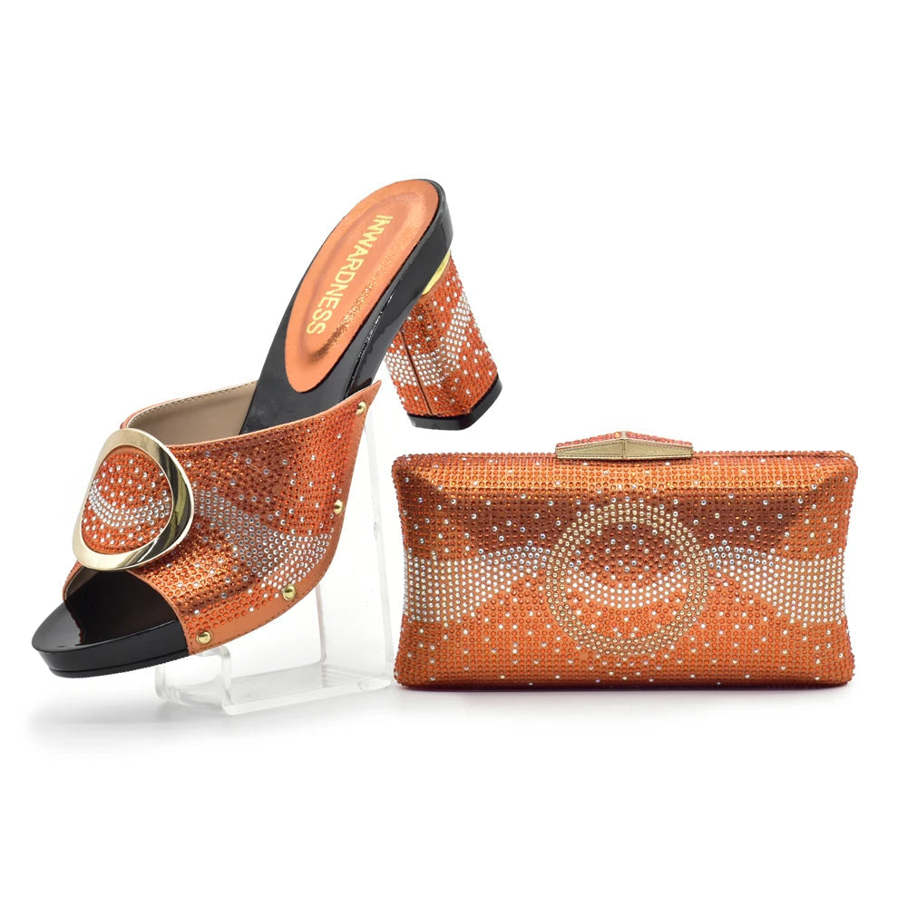 African Shoes and Bag Set for Party In Women Orange Color Italian Matching Shoes and Bag Set African Wedding Shoes and Bags