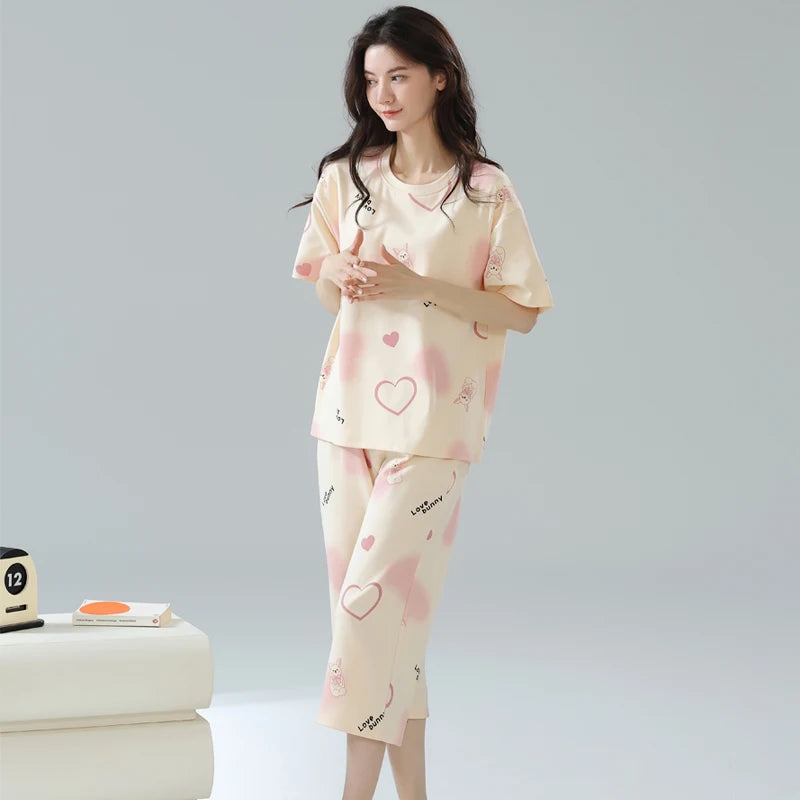 2-Pcs Women’s Summer Cotton Pajama Set – Breathable Short Sleeve Sleepwear with Cute Prints