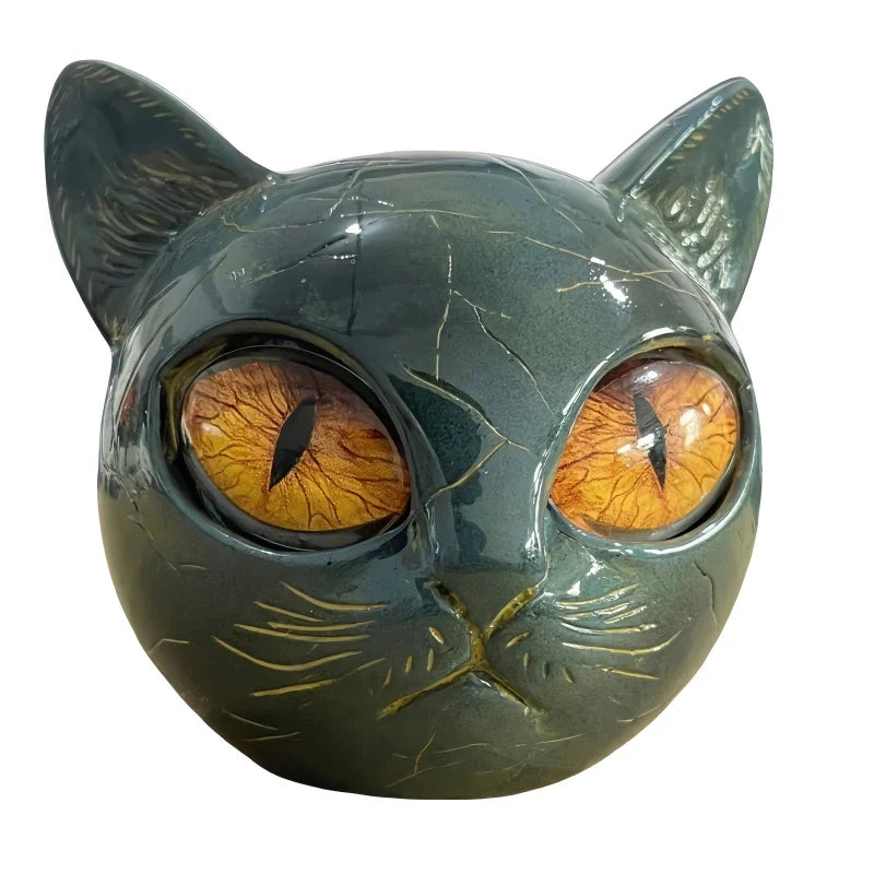 Cat Head Statue - Elegant Marble-like Glossy Resin Sculpture with Golden Eyes & Black Marble Texture,Desktop Decor for Home/Offi