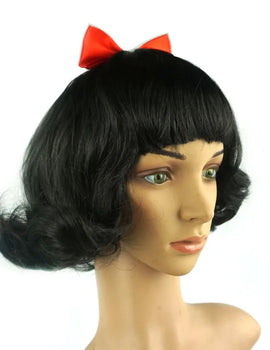 Cute Girls Snow White Dress Up Wig Girls Princess Cosplay Short Hair Black Curly Hair Wig with Red Bow  Role Play Props