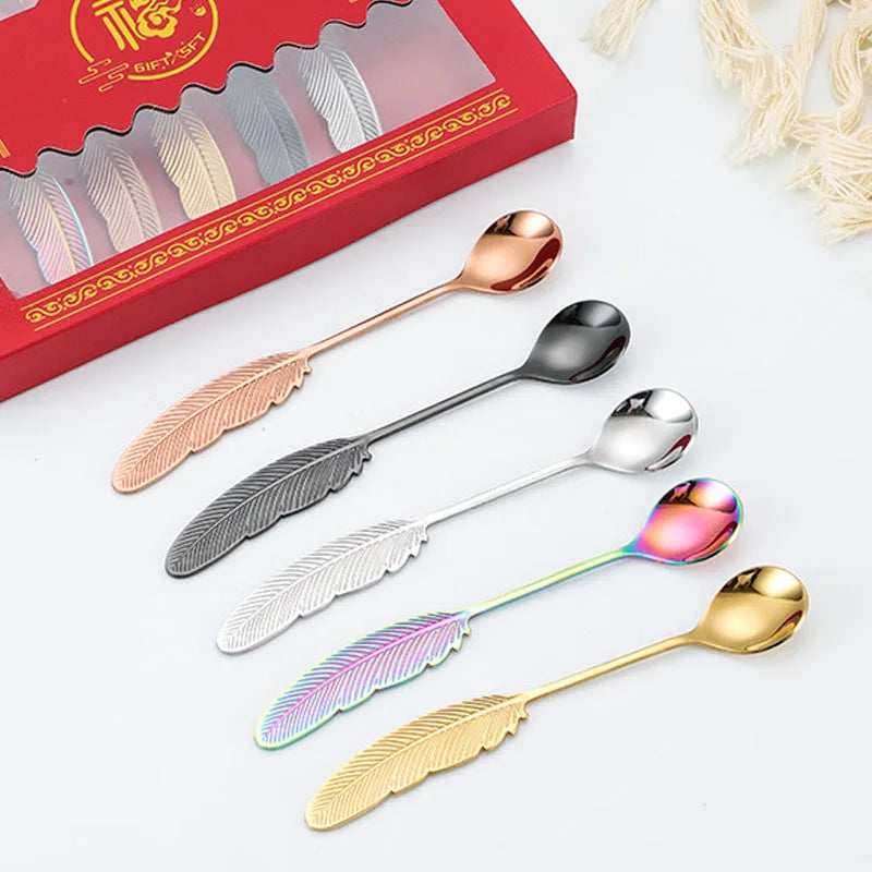 Stainless Steel Feather Spoon, Creative Coffee and Dessert Spoon, Elegant Design for Tea, Ice Cream, Decorative Kitchen Utensils