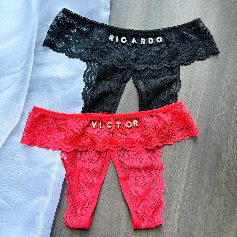 Plus Size Thongs Custom Name Lace Panties Open Crotch Temptation Erotic Customized Personalize Crystal Letter G-String Women