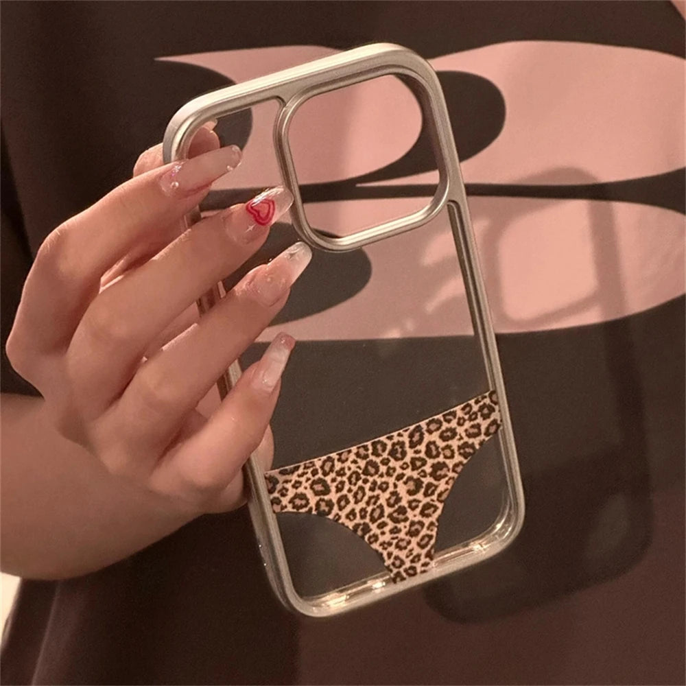 Funny Leopard Prints Panties Clear Phone Case For iPhone 16 15 13 14 Pro Max INS Creative Plating Frame Soft Silicone Cover