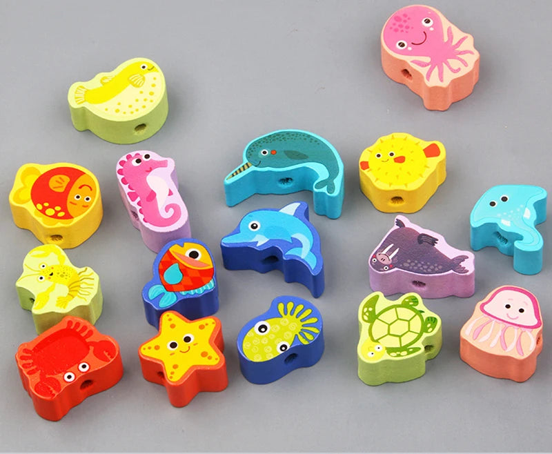 Monterssori Baby DIY Wooden Toys Cartoon Fruit Animal Stringing Threading Wooden Beads Educational Toys for Kids Christmas Gift