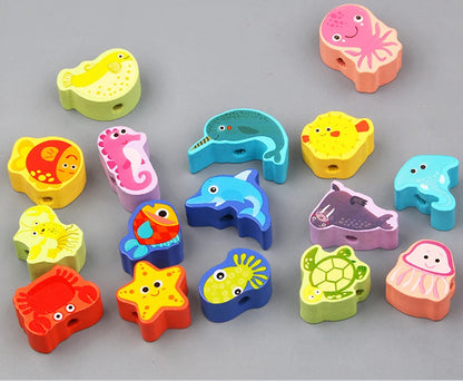 Monterssori Baby DIY Wooden Toys Cartoon Fruit Animal Stringing Threading Wooden Beads Educational Toys for Kids Christmas Gift