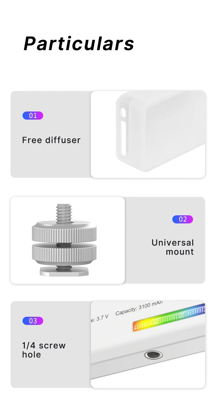 RGB LED Video Light 2500K–9000K Dimmable Photography Light Rechargeable Camera Fill Lamp