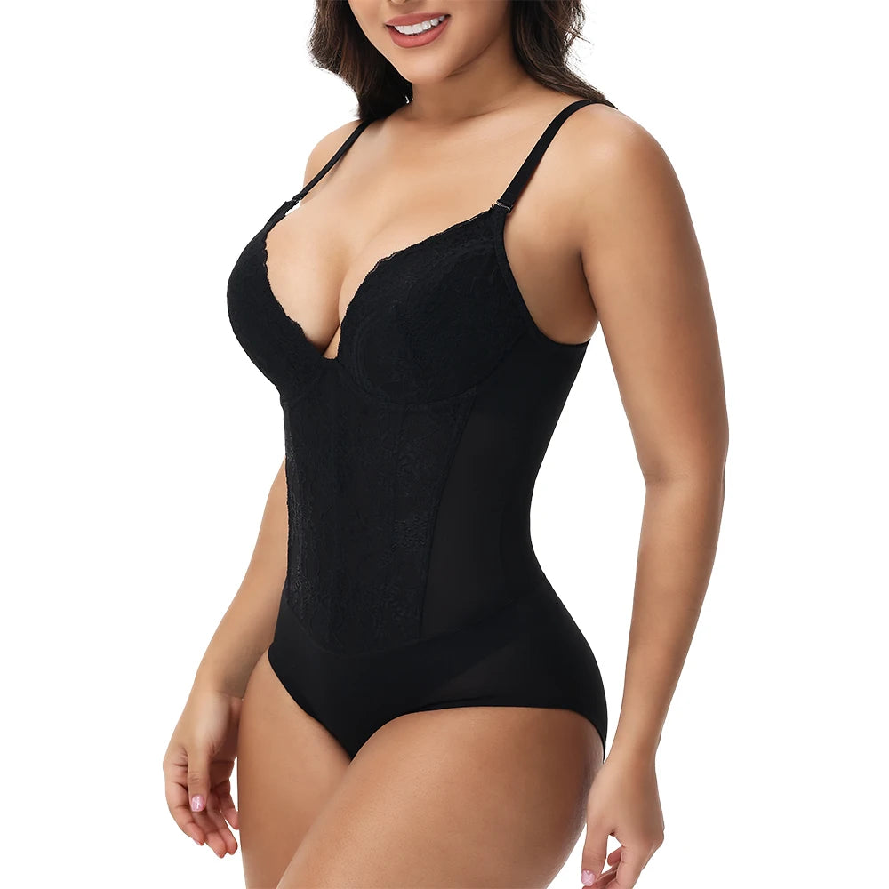 Lace Bodysuit for Women – V-Neck Backless Tummy Control Shapewear