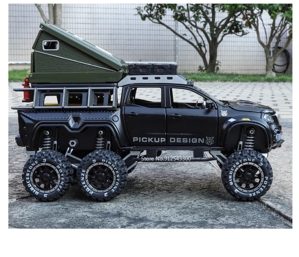 1:28 Scale X-Class 6x6 UNIMOG Motorhome Camping Car Model Toy Shock Absorption Sound Light Pull Back Off-road Vehicles Boys Gift