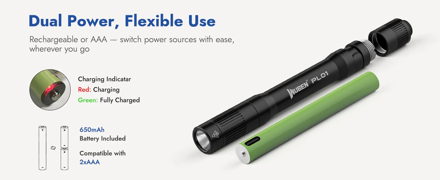 650 Lumen Rechargeable LED Pen Flashlight With USB C Charging