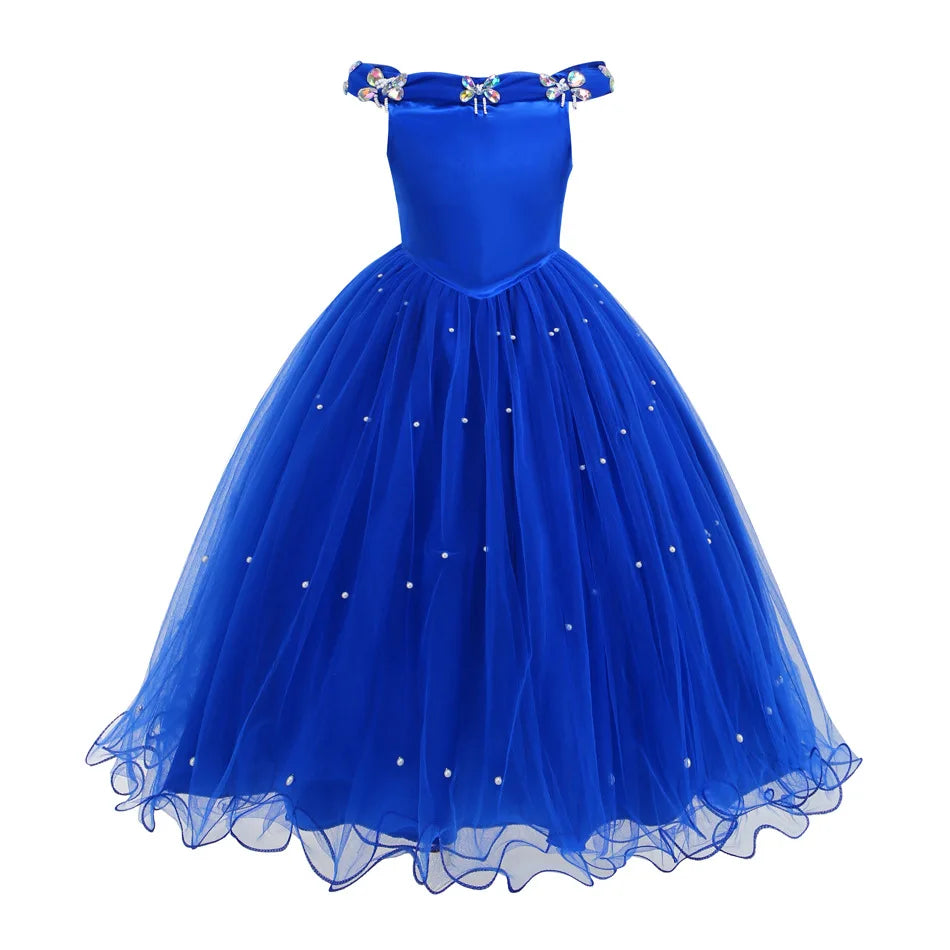 Christmas Halloween Blue Ball Gown - Girls Pearl-Embellished Tulle Dress with Lace Sleeves Princess Birthday Party Dress for Kid