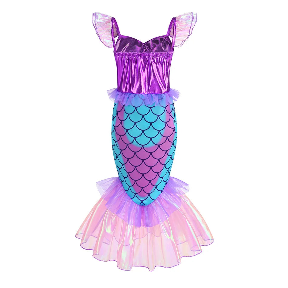 New Blue Red Purple Three Colors Mermaid Flying Sleeve Fishtail Beautiful Dress For Girl Summer Beach Party Cool Gown