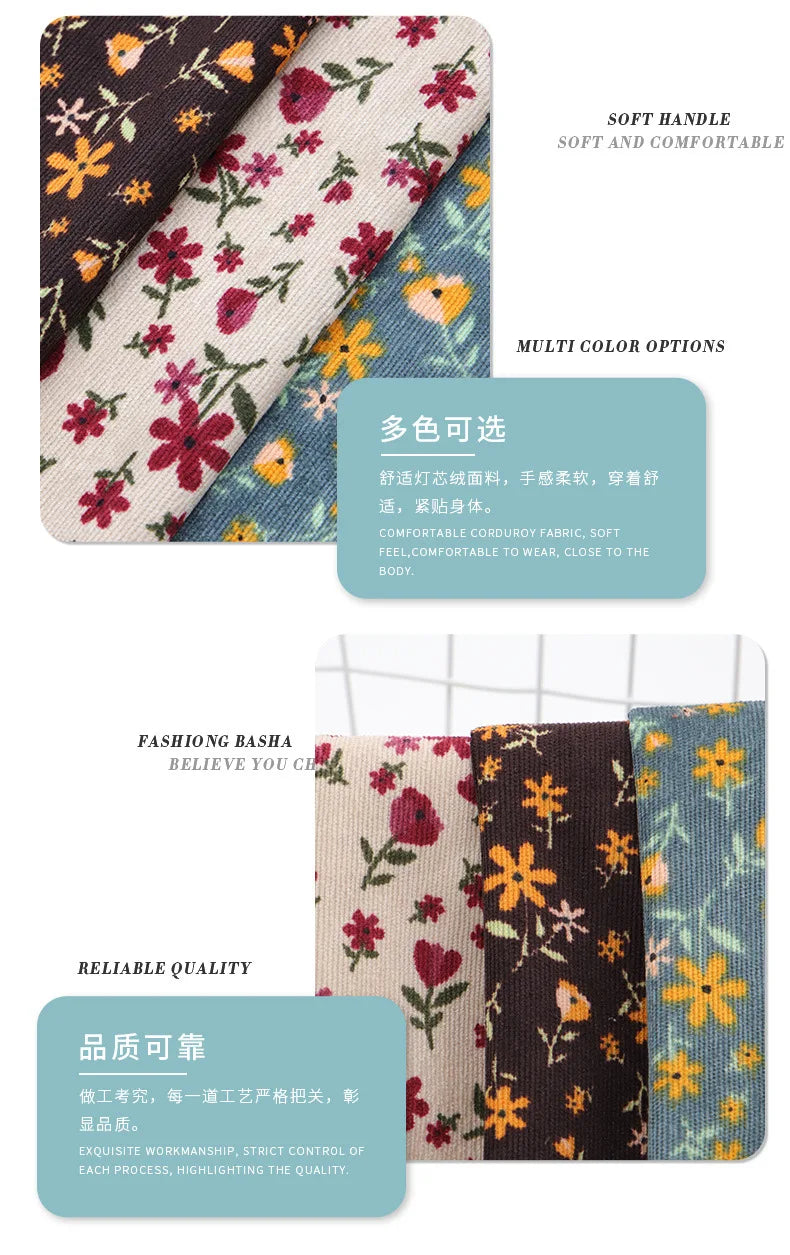 1M/2M/5M Women's Floral Printed Wick Velvet Fabric Women's Fashion Dress Children's Clothing Polyester Handmade Sewing Quilting