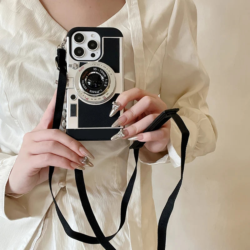 Soft TPU+Hard PC Camera Shaped Lanyard Shockproof Phone Case For iPhone 16 Pro Max 14 15 Pro Max Bumper Back Cover