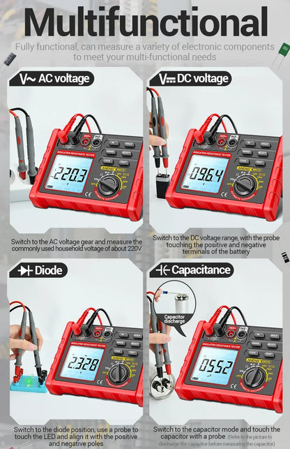 Digital Ohmmeter Insulation Resistance Meter 6000 Count Resistor Testers Capacitor Test Megohmmeter High Voltage Tool