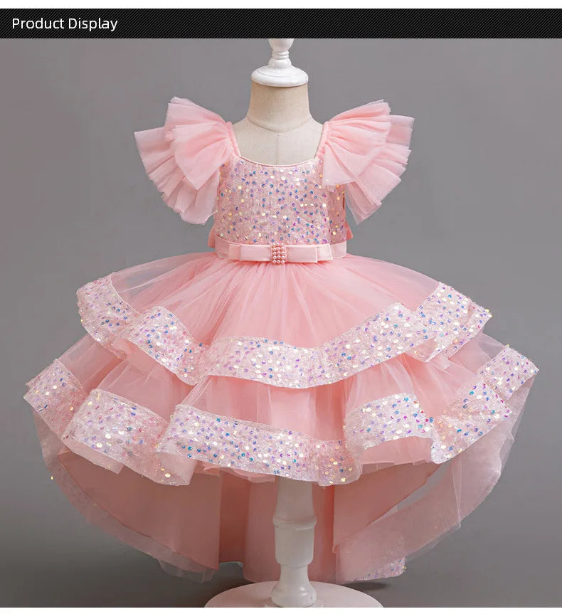 Sparkling Girls' Evening Gown - Sequin Dress with Train for Birthday Party & Piano Recital