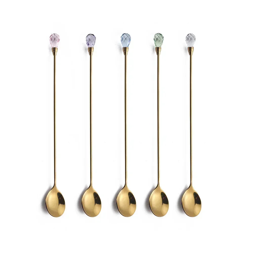 4pcs Diamond Coffee Spoon Stainless Steel Long Stirring Spoon Exquisite Crystal Teaspoon for Cafe Ice Cream Dessert Cocktail Mug