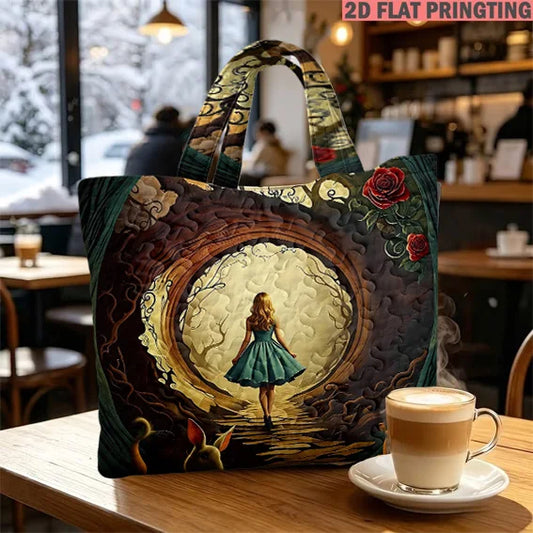 Alice Wonderland Rabbit Print Quilted Tote Bag Large Capacity Shoulder Handbag