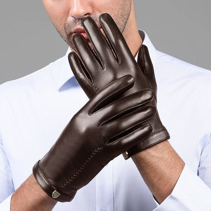 Man Genuine Leather Button Black Thick/Thin Gloves Male Commercial Business meeting MC Host Driving