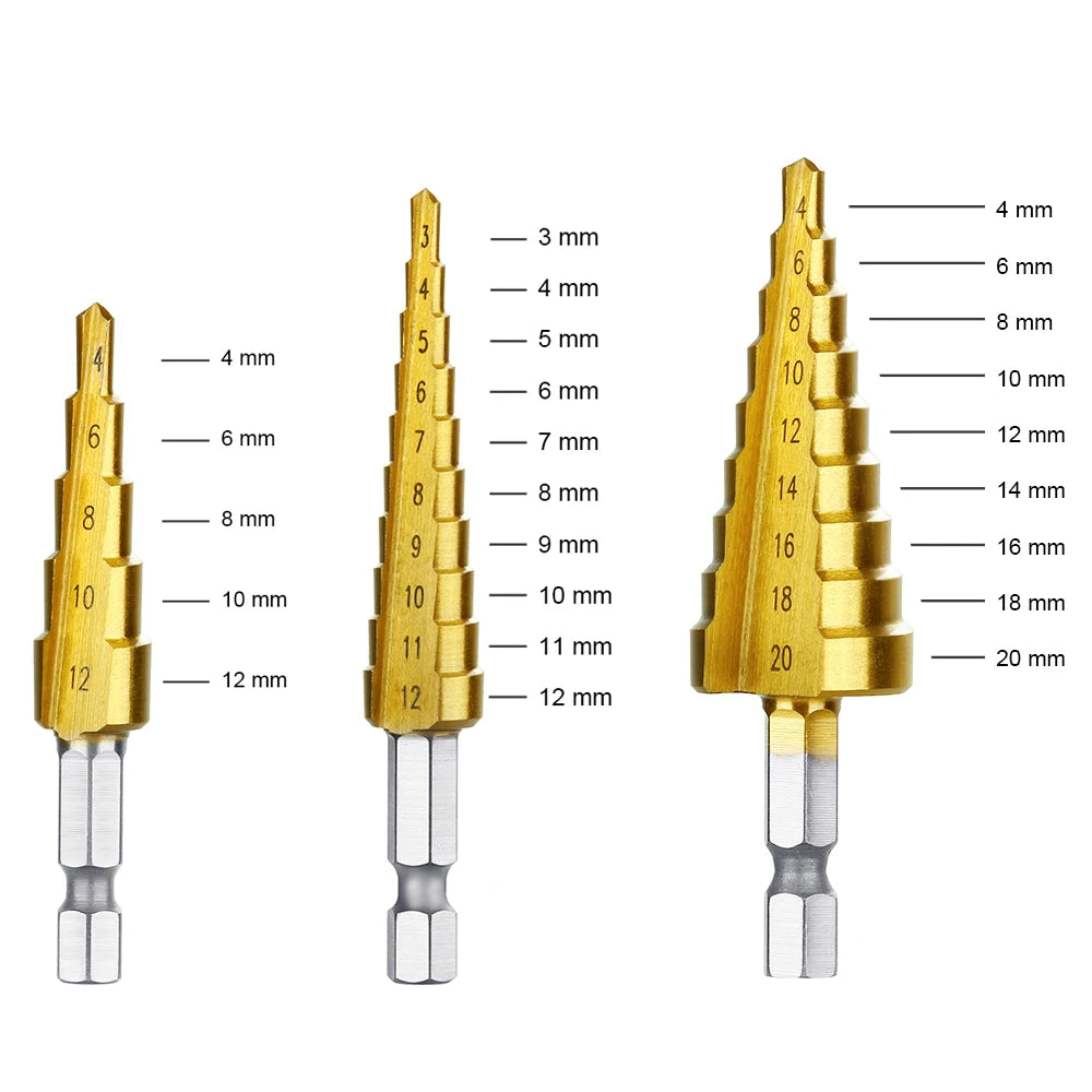 3pc 3-12mm 4-12mm 4-20mm HSS Straight Groove Step Drill Bit Set Titanium Coated Wood Metal Hole Cutter Core Drill Bit Set
