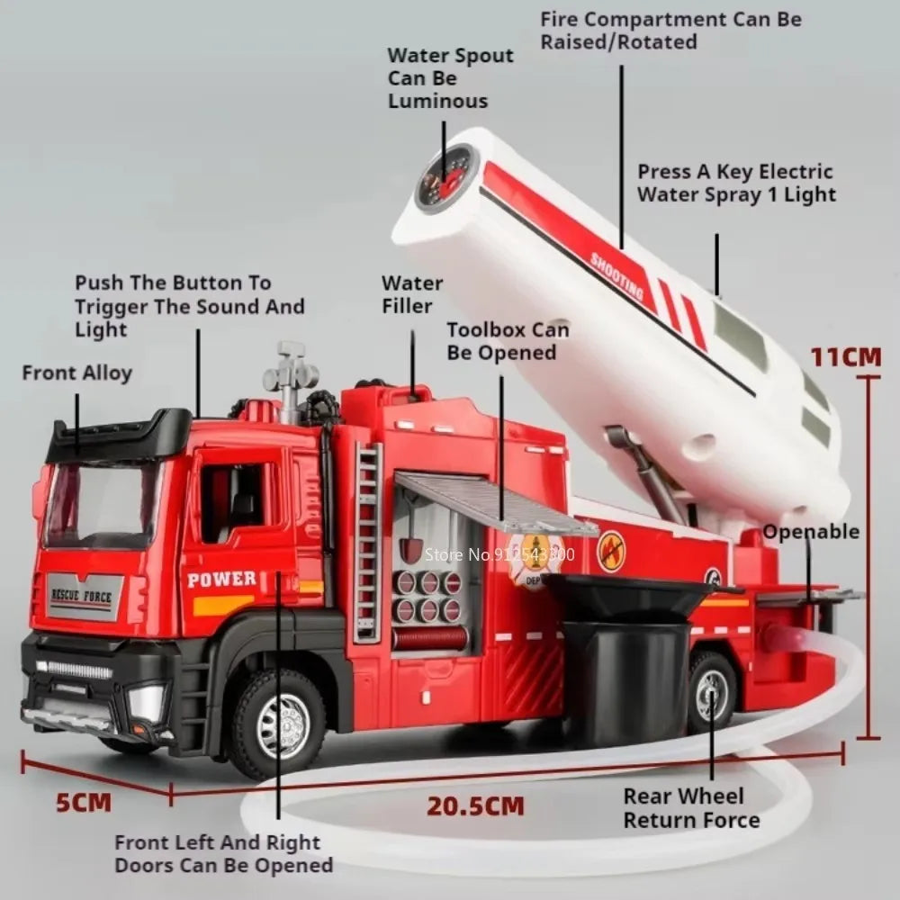 1:32 Scale Container Truck Fire Trucks Model Car Toy Pull Back Music Light Metal Diecast Doors Opened Vehicles Toys for Gift