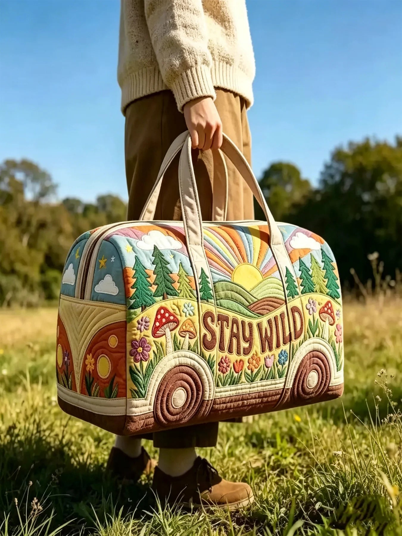 Boho Quilted Travel Duffle Bag Large Capacity 3D Pattern Weekender Tote