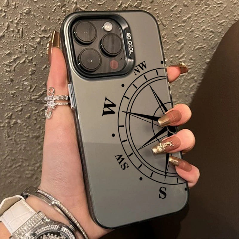 Fashion Vintage Compass Phone Case for iPhone 16 16E 14 15 Pro Max Hard IMD Shockproof Cover