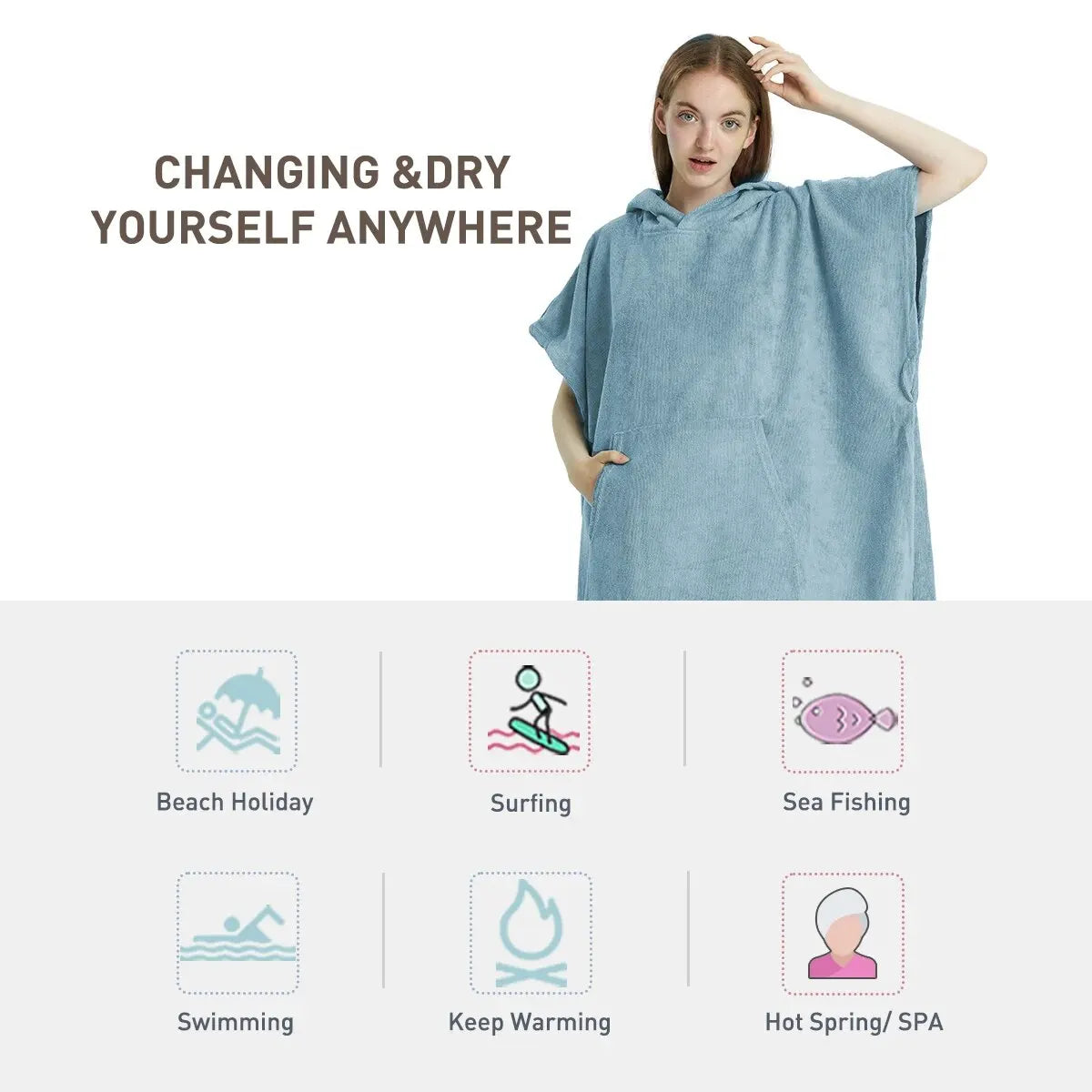 Quick Dry Microfiber Surf Poncho Towel with Hood and Pocket