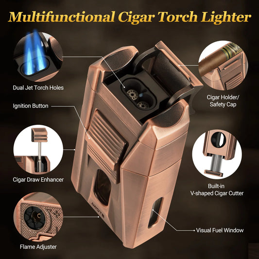 Cigar Lighter with Double Jet Flame, Refillable Cigar Torch Lighter with Cigar Holder, V-Cigar Cutter, Cigar Draw Enhancer