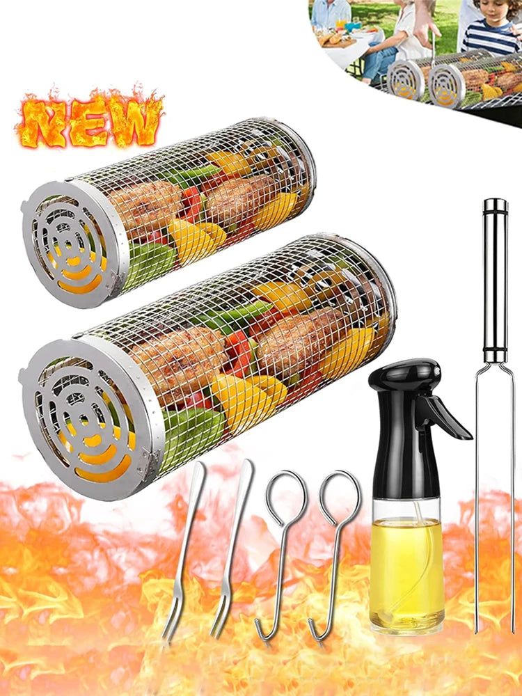 BBQ Basket Stainless Steel Rolling Grilling Basket Wire Mesh Cylinder Grill Basket Portable Round Outdoor Camping Barbecue Rack