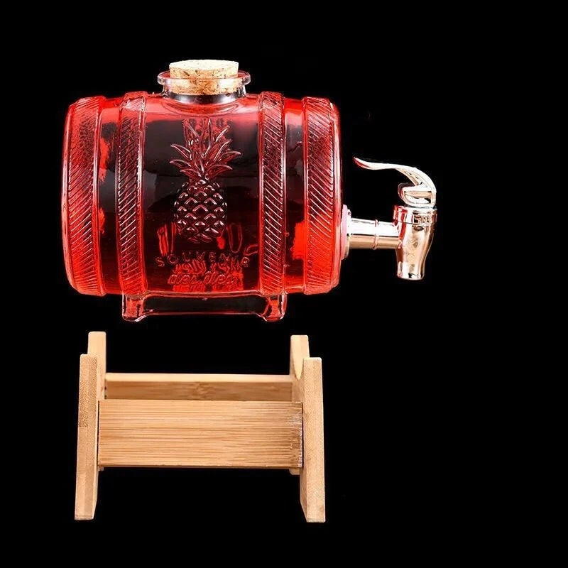 1L Glass Whiskey Barrel Wine Barrel Beer Bottle Fruit Aging Alcohol Honey Storage Container With Base Faucet Bar Tool