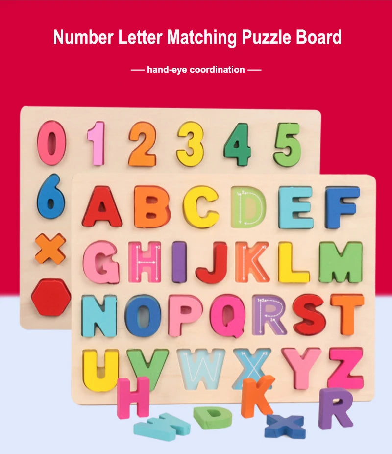 Montessori  Wooden Puzzle Toys  Cognitive Letter Number Hand Grab Puzzle Board Early Educational Toys for 2 to 4