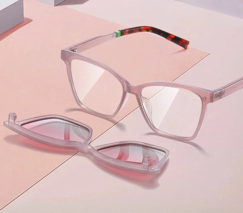 Magnetic Clip On Cat Eye Sunglasses for Women 2 in 1 Anti Blue Light Computer Glasses