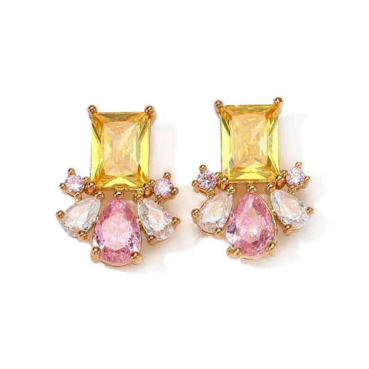 Yelllow Pink Zircon Flower Stud Earrings