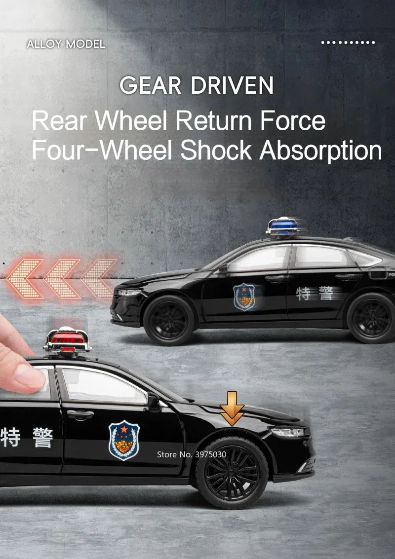 1:32 DongFeng MengShi Honda Accord Police Car Model Toy Metal Diecast Pull Back Doors Opend Vehicles Models Boys Holiday Gifts